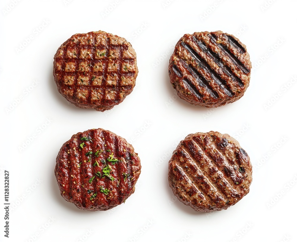 Grilled Hamburger Patties with Professional Grill Marks Arranged on a Clean White Surface for Culinary and Food Photography Grilled Hamburger Patties with Professional Grill Marks Arranged on a Clean White Surface for Culinary and Food Photography