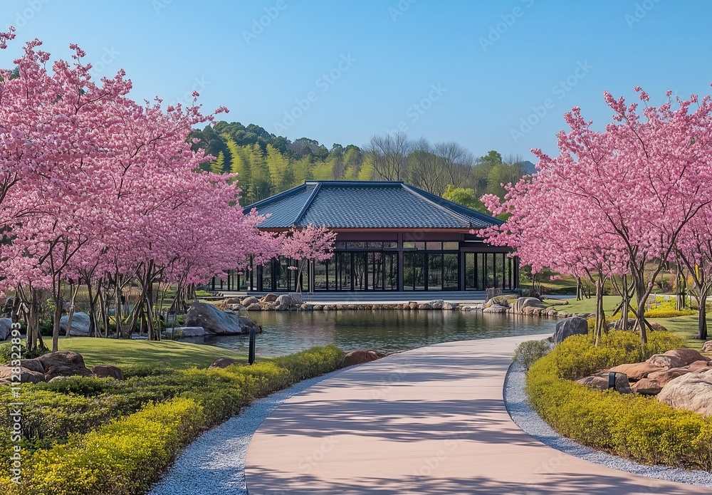 Japanese Garden Path with Cherry Blossoms and Pavilion
Japanese Garden Path with Cherry Blossoms and Pavilion