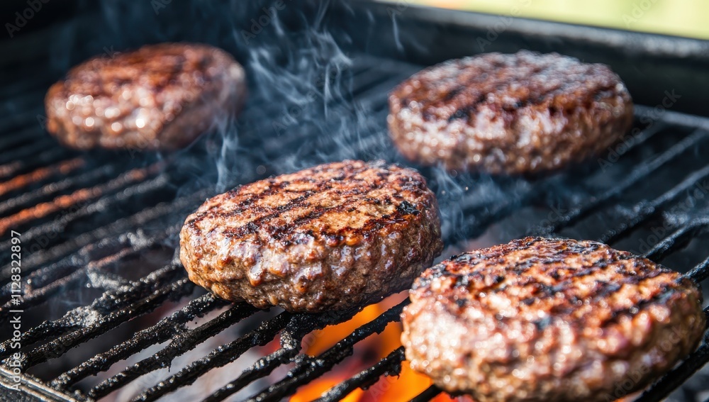 Grilling Delicious Beef Patties with Smoke and Perfect Griddle Marks on a Warm Summer Day, Ideal for Outdoor Barbecues and Culinary Delights Grilling Delicious Beef Patties with Smoke and Perfect Griddle Marks on a Warm Summer Day, Ideal for Outdoor Barbecues and Culinary Delights