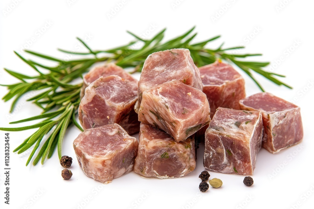 Cubed salami with rosemary and peppercorns. Perfect for recipes, menus, or food blogs needing delicious meat imagery. Cubed salami with rosemary and peppercorns. Perfect for recipes, menus, or food blogs needing delicious meat imagery.