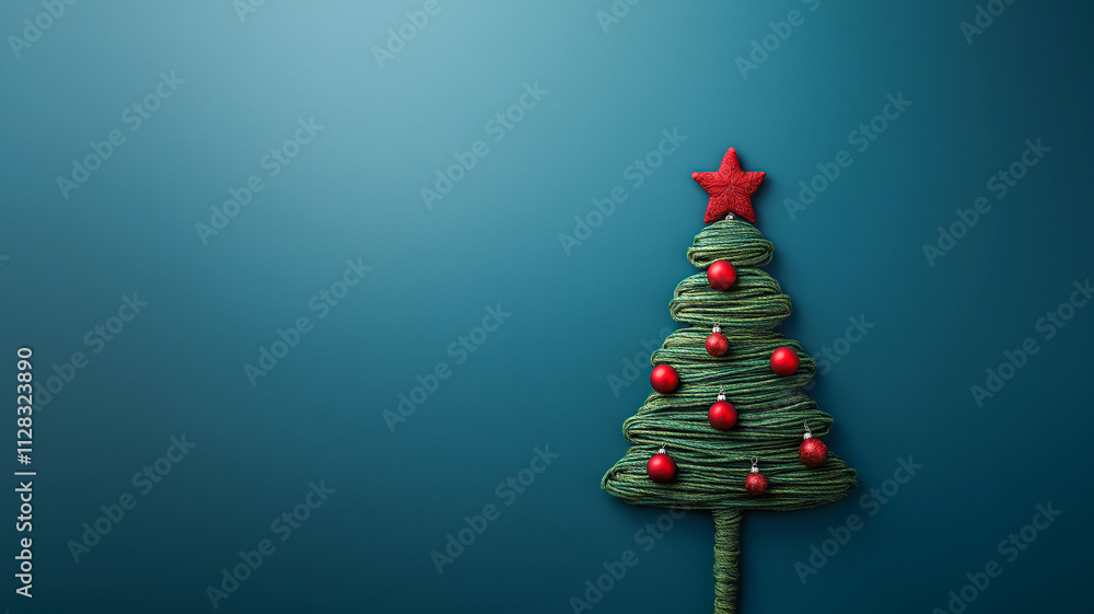 A Christmas tree made of soft green wool with red decorative ornaments and a star on top, set against a solid icy blue background, in the spirit of the New Year A Christmas tree made of soft green wool with red decorative ornaments and a star on top, set against a solid icy blue background, in the spirit of the New Year