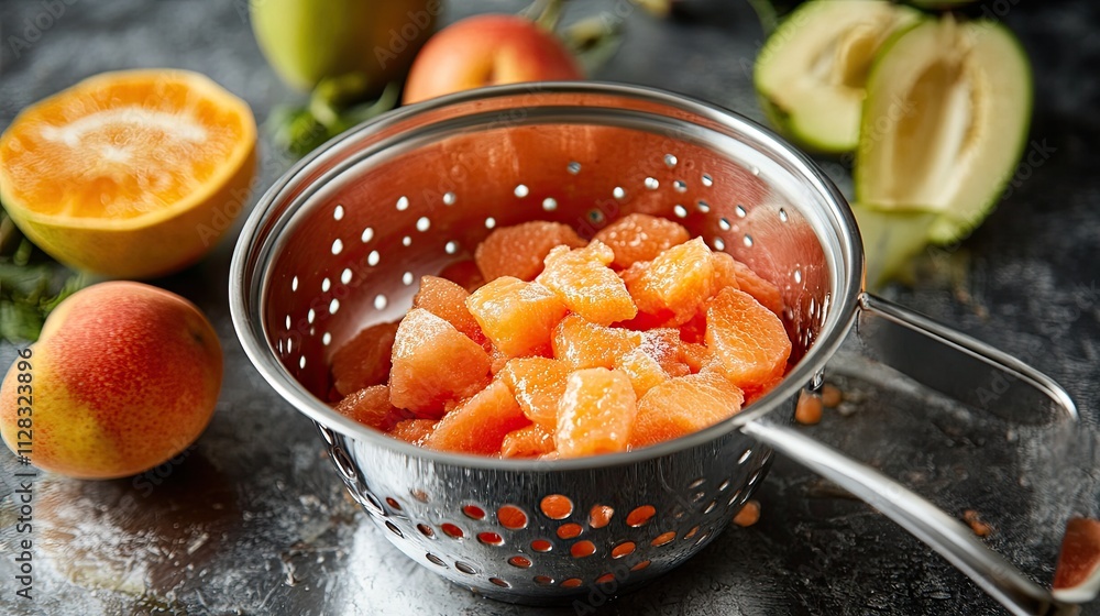 Freshly Cut Fruits in Metal Colander with Vibrant Citrus Background Freshly Cut Fruits in Metal Colander with Vibrant Citrus Background