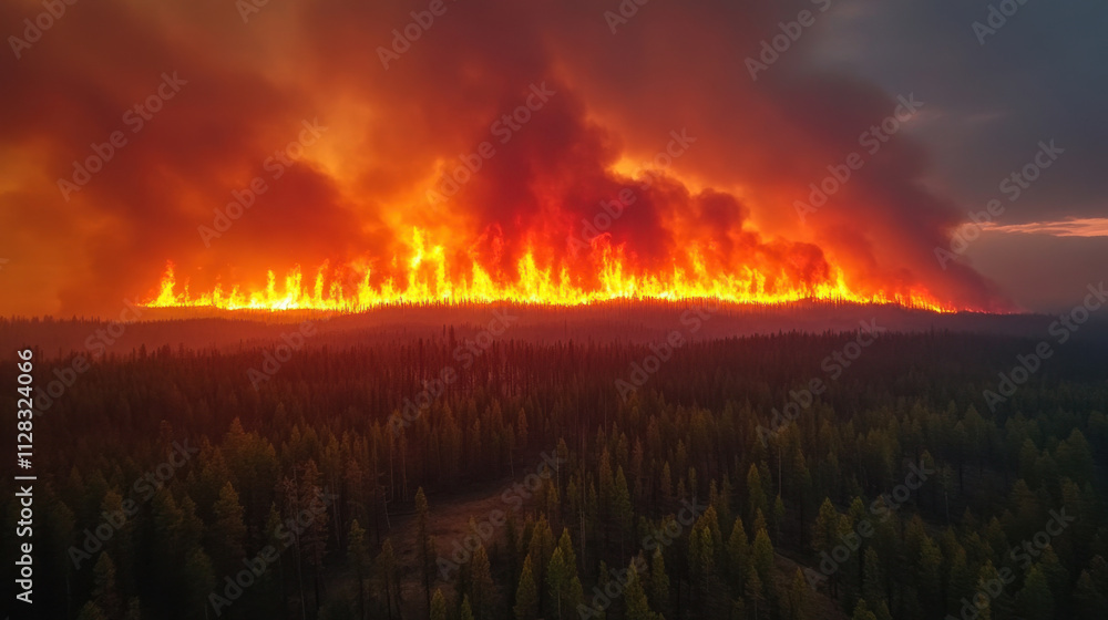 Aerial view of forest wildfire with intense flames and smoke rising above trees, showcasing destructive power of nature Aerial view of forest wildfire with intense flames and smoke rising above trees, showcasing destructive power of nature