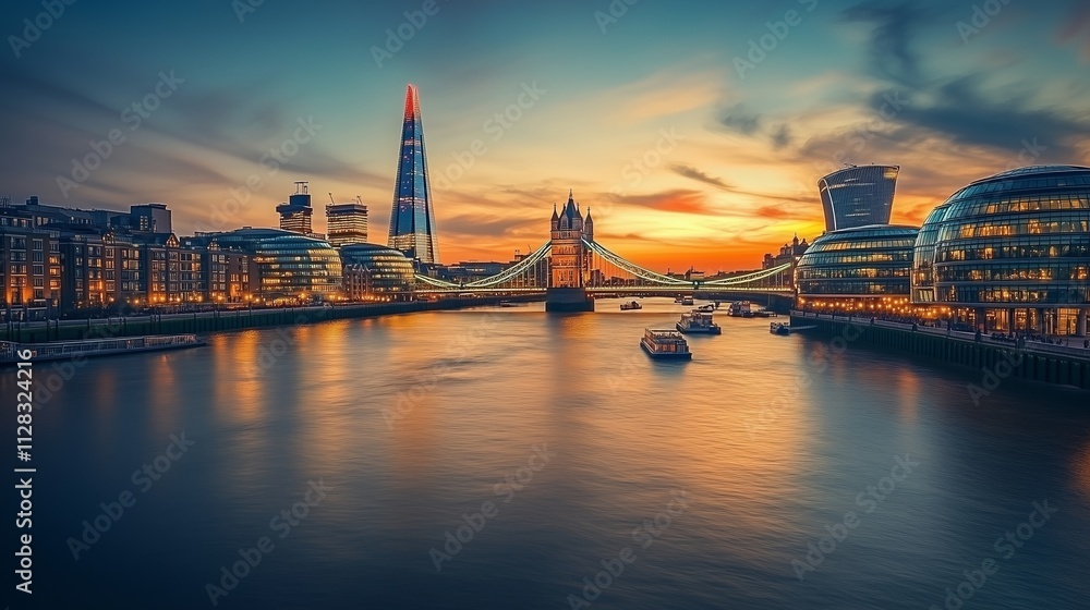 Naklejka premium As dusk falls, London's skyline dazzles with lights reflecting on the Thames, blending tradition and innovation.