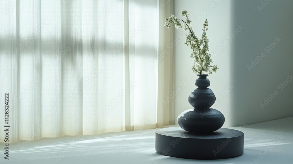 Elegant Minimalist Arrangement of a Dark Pot with Floral Accent on a Pedestal Surrounded by Soft Natural Light and Draped Sheer Curtains in a Modern Interior Space Elegant Minimalist Arrangement of a Dark Pot with Floral Accent on a Pedestal Surrounded by Soft Natural Light and Draped Sheer Curtains in a Modern Interior Space