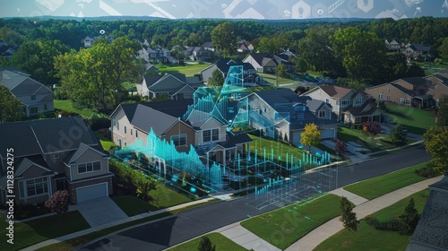 Aerial view of a suburban neighborhood with digital overlays, illustrating smart technology and data analysis in residential areas.