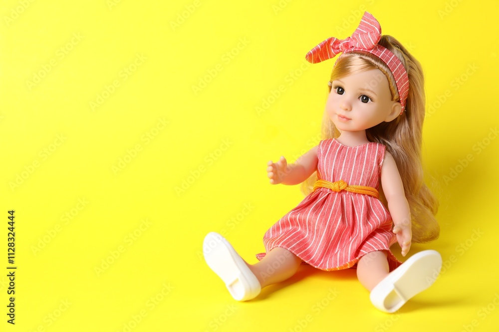 Beautiful doll in dress and headband on yellow background. Space for text Beautiful doll in dress and headband on yellow background. Space for text