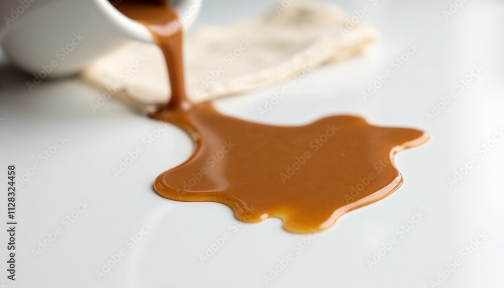 Coffee spill background with small puddle of coffee on white table and nearby napkin Coffee spill background with small puddle of coffee on white table and nearby napkin