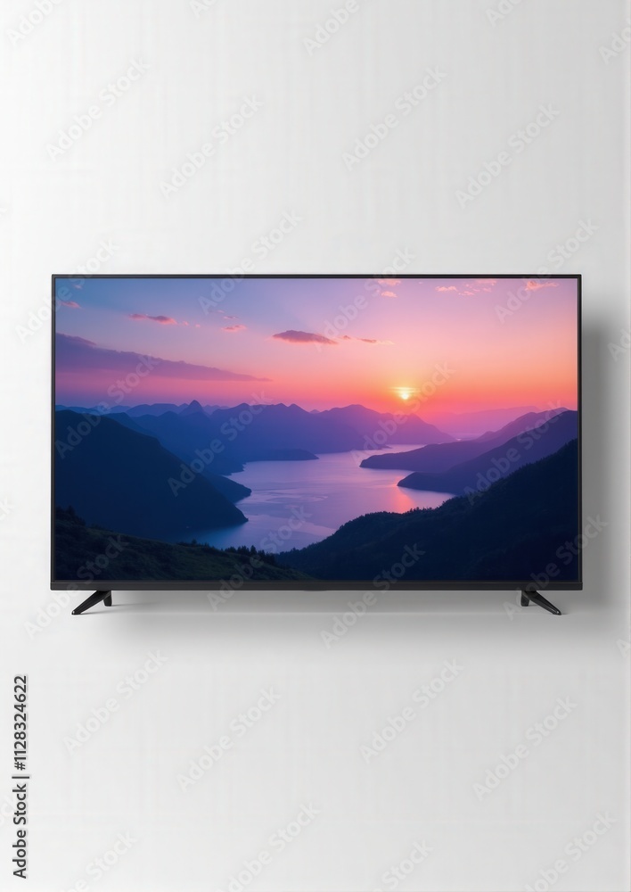 Fototapeta premium A clean 3D TV with landscape view of a vibrant ocean sunset, featuring a glossy screen and subtle lighting for a professional look