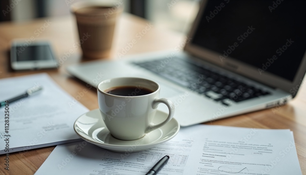 Office desk coffee scene, close-up of a coffee mug next to a laptop, realistic and inviting Office desk coffee scene, close-up of a coffee mug next to a laptop, realistic and inviting