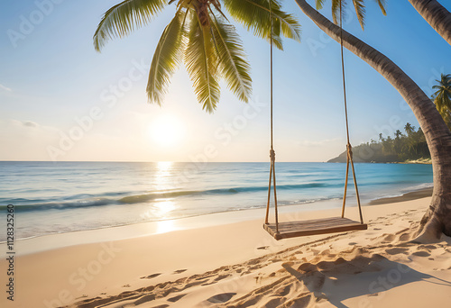 Wooden swing on a tropical beach under palm trees. Generative AI