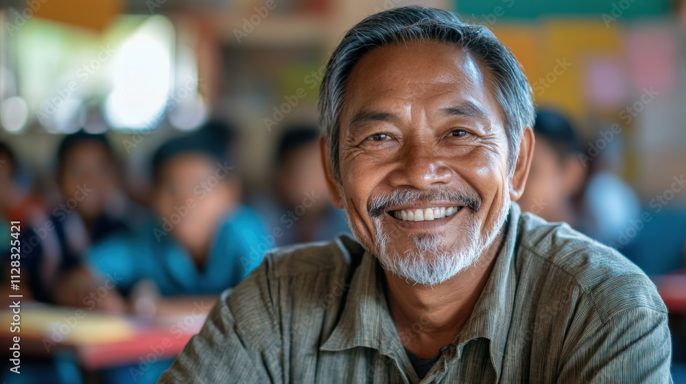 smiling elderly man in classroom setting, surrounded by children, exudes warmth and wisdom. His joyful expression reflects positive learning environment smiling elderly man in classroom setting, surrounded by children, exudes warmth and wisdom. His joyful expression reflects positive learning environment