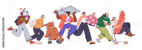 Sale concept. Consumers rushing with bags, boxes, buying goods at discount. People shopping, running with purchases from supermarket store, mall. Flat vector illustration isolated on white background