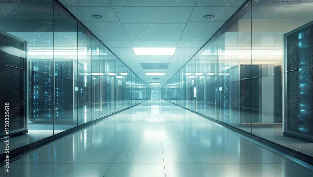 Modern Data Center Corridor with High-Tech Servers and Glass Walls, Emanating a Futuristic Ambience and Illuminated by Soft Blue Lights Modern Data Center Corridor with High-Tech Servers and Glass Walls, Emanating a Futuristic Ambience and Illuminated by Soft Blue Lights