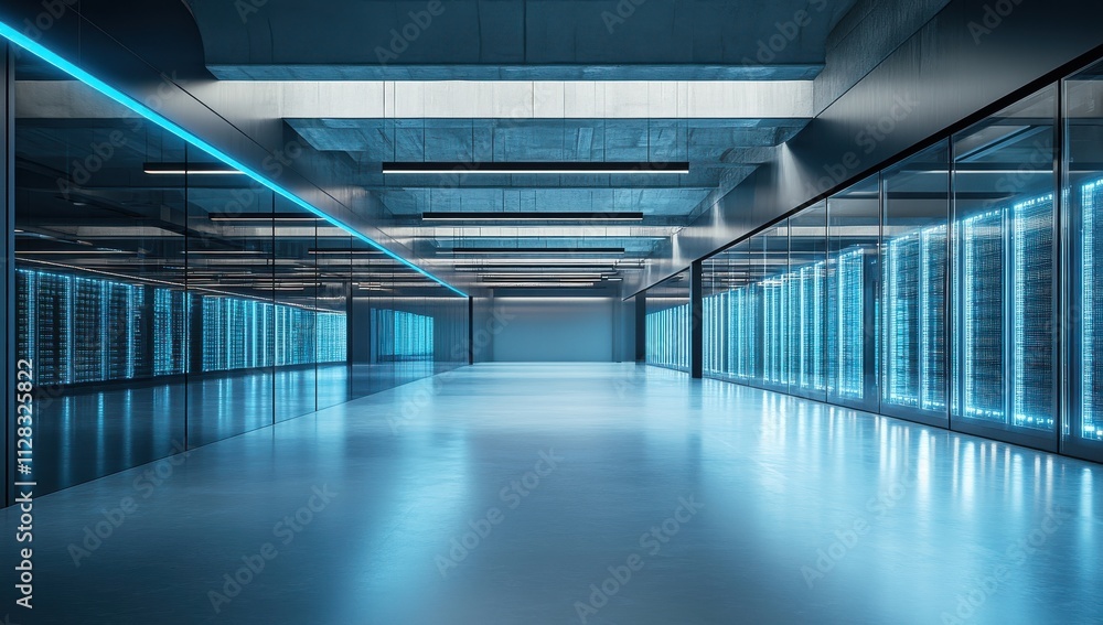 Modern Data Center Interior with Blue LED Lighting Showcasing Server Racks and High-Tech Infrastructure in a Clean, Spacious Environment Modern Data Center Interior with Blue LED Lighting Showcasing Server Racks and High-Tech Infrastructure in a Clean, Spacious Environment