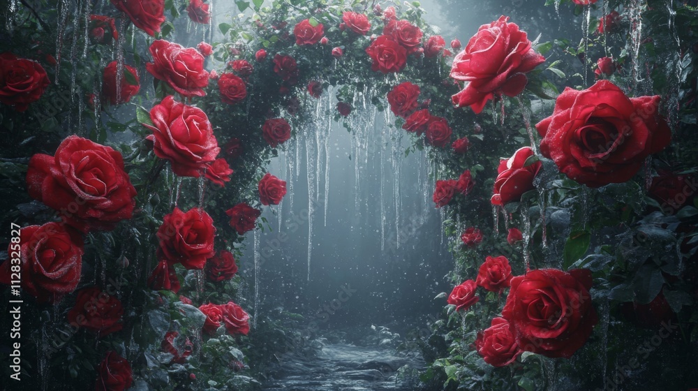 Frozen Red Roses Archway Winter Wonderland Scene Frozen Red Roses Archway Winter Wonderland Scene