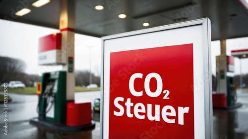 Tankstelle mit Display im Vordergrund auf welchem 