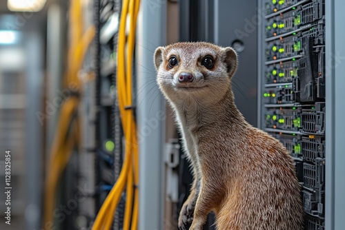 A cute meerkat peeks from a server rack. Illustrates IT support, tech humor, or animal themes.