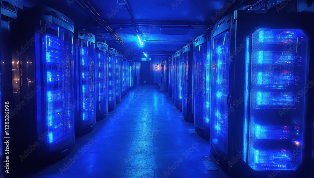 Modern Data Center with Rows of High-Tech Servers Illuminated by Blue LED Lights for Advanced Computing and Data Management Modern Data Center with Rows of High-Tech Servers Illuminated by Blue LED Lights for Advanced Computing and Data Management