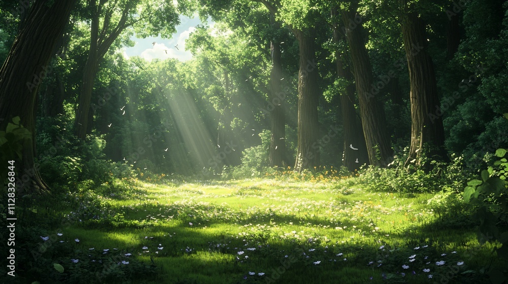 Sunbeams illuminate a lush forest clearing with wildflowers and green grass. Sunbeams illuminate a lush forest clearing with wildflowers and green grass.