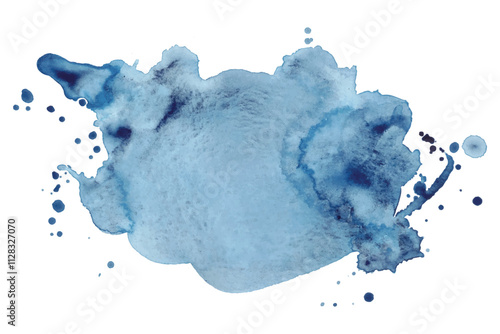 Blue Aquarelle Splatter with Dynamic Ink Blots Isolated on White Background. Hand painted aquarelle splash with drops stains