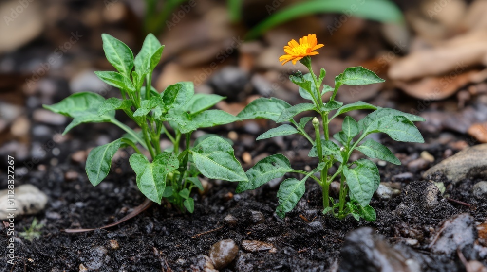 Green Plant Sprouts with Small Flower in Soil on Natural Background Green Plant Sprouts with Small Flower in Soil on Natural Background