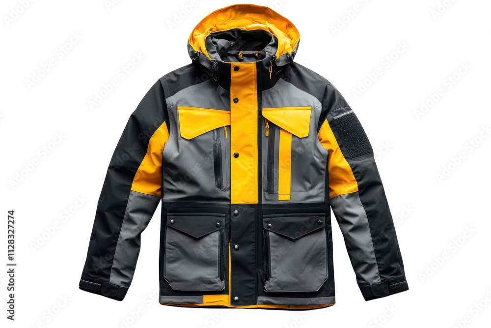 Warm and stylish winter jacket featuring black and yellow colors ready for outdoor adventures in cold weather Warm and stylish winter jacket featuring black and yellow colors ready for outdoor adventures in cold weather