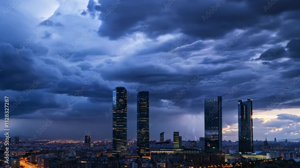 Stunning view of a lightning storm over a modern cityscape with tall buildings under a dramatic, cloudy sky at sunset. Stunning view of a lightning storm over a modern cityscape with tall buildings under a dramatic, cloudy sky at sunset.