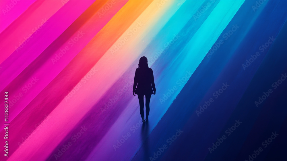 Illustration of silhouette of a person walking on a gradient of bright colors symbolizing hope and better days concept design Illustration of silhouette of a person walking on a gradient of bright colors symbolizing hope and better days concept design