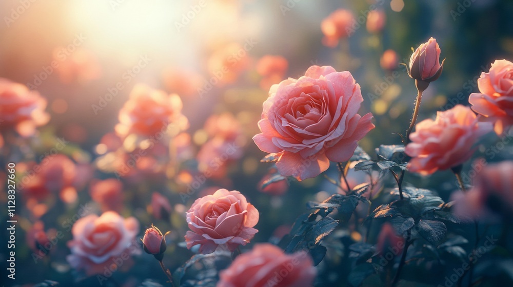 Sunset Illuminates Delicate Pink Roses In A Garden Sunset Illuminates Delicate Pink Roses In A Garden