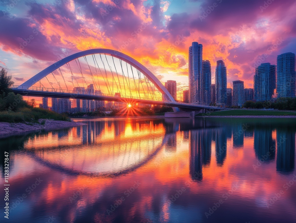 stunning sunset over city skyline with bridge reflection stunning sunset over city skyline with bridge reflection