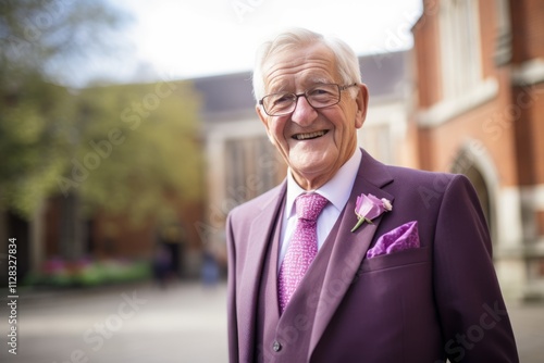 Portrait of a happy senior man in a suit and glasses standing outside