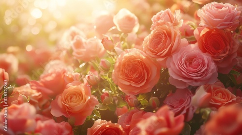 Fototapeta Naklejka Na Ścianę i Meble -  Sunlit Peach Roses Blooming Abundantly In A Garden