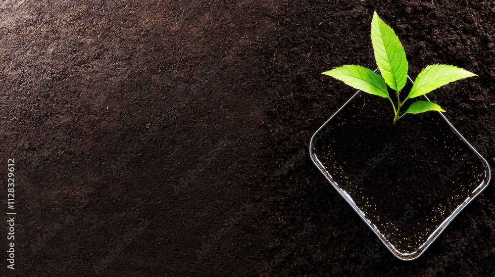 Naklejka premium Fresh Green Leaf Growing in Soil in a Glass Container on Dark Earth