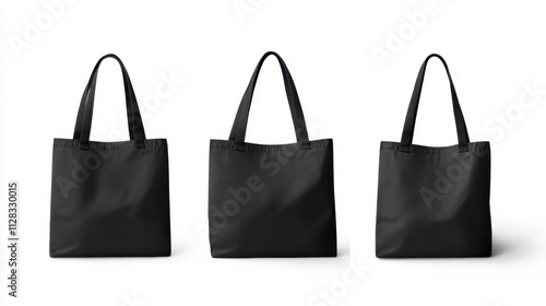 Black tote bag mockup showcasing three angles on white background, perfect for showcasing designs or branding. Ideal for eco friendly shopping or daily use photo