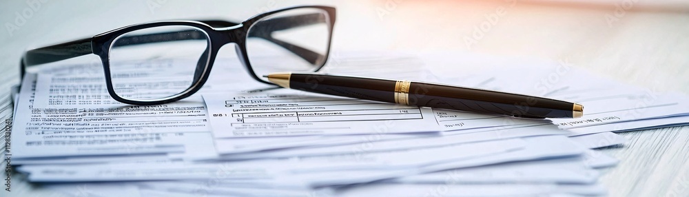 A stack of financial records with a pen and glasses resting on top, symbolizing tax filing organization A stack of financial records with a pen and glasses resting on top, symbolizing tax filing organization