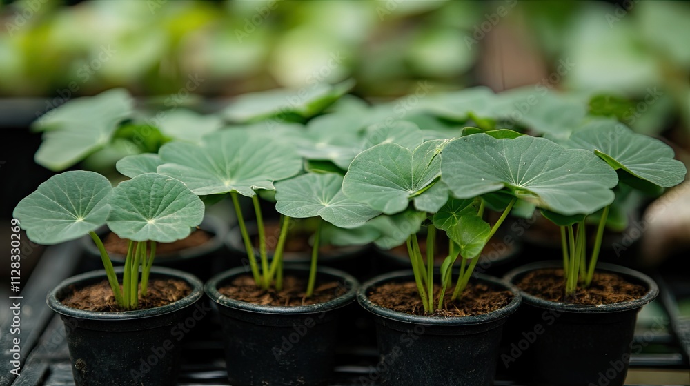 Lush Green Plants in Small Pots on a Shelf in a Greenhouse Lush Green Plants in Small Pots on a Shelf in a Greenhouse