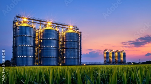 Biogas Facility Night Scene: A biogas plant illuminated at night, fermentation tanks glowing softly under floodlights. photo