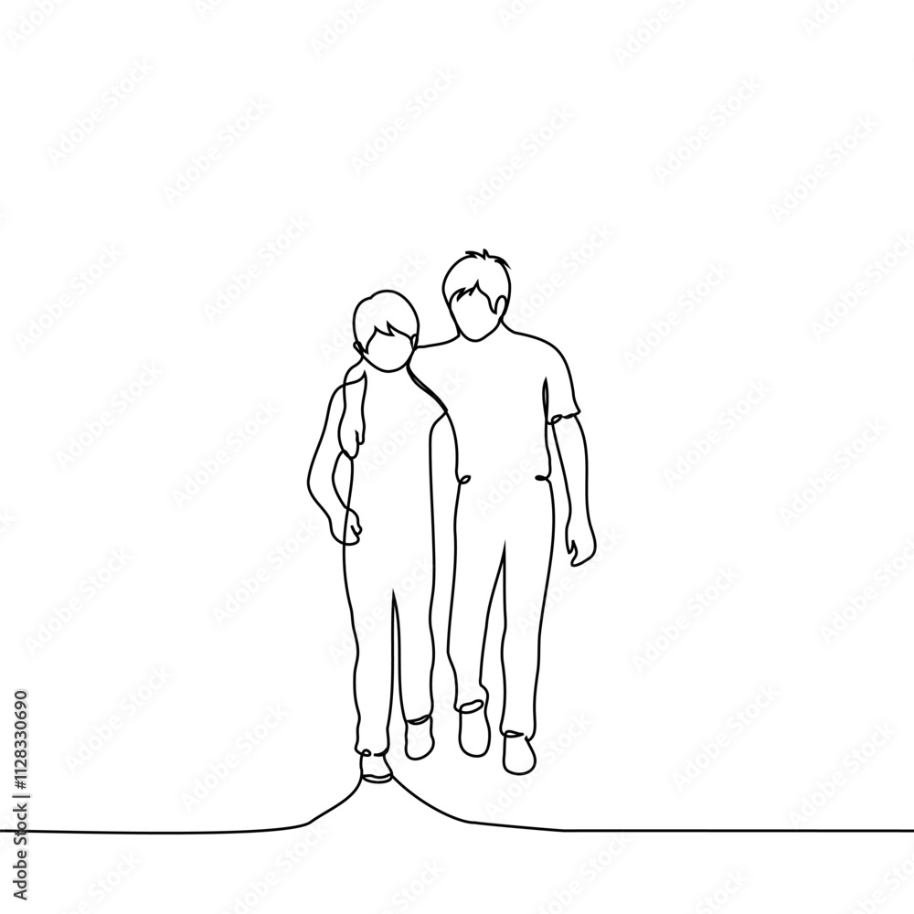 boy and older boy walking hugging shoulders - one line art vector. concept older brother and younger brother are friends and help each other boy and older boy walking hugging shoulders - one line art vector. concept older brother and younger brother are friends and help each other