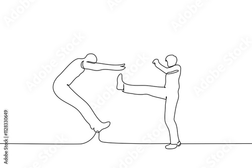 man kicks another man in the stomach and he flies back from the blow - one line art vector. concept abuse, violence, assault, against the rules