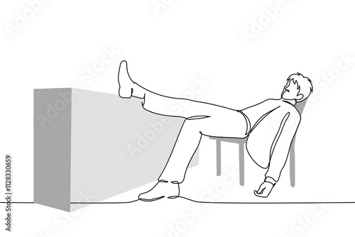 man in suit puts leg on table and slouches on office chair - one line art vector. concept burnout, lazy, procrastination