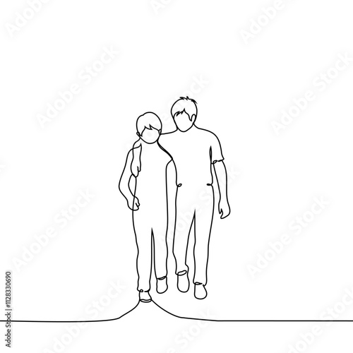 boy and older boy walking hugging shoulders - one line art vector. concept older brother and younger brother are friends and help each other