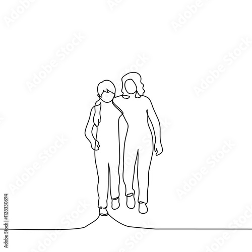 boy and older girl walking hugging shoulders - one line art vector. concept older sister and brother are friendly and help each other