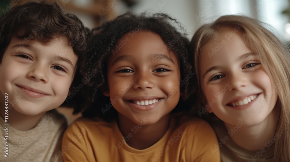 Closeup of three children, a Black girl with a joyful smile and medium-length hair, a South Asian boy with a bright grin and short hair Closeup of three children, a Black girl with a joyful smile and medium-length hair, a South Asian boy with a bright grin and short hair