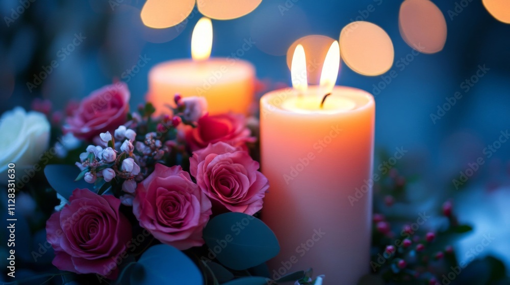 Illuminated Candles and Roses Create a Romantic Ambiance Illuminated Candles and Roses Create a Romantic Ambiance