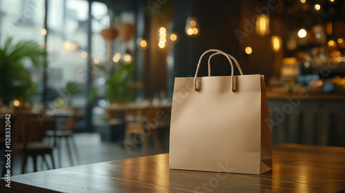 handleless kraft paper bag sits on wooden table in cozy cafe, surrounded by warm lighting and welcoming atmosphere photo