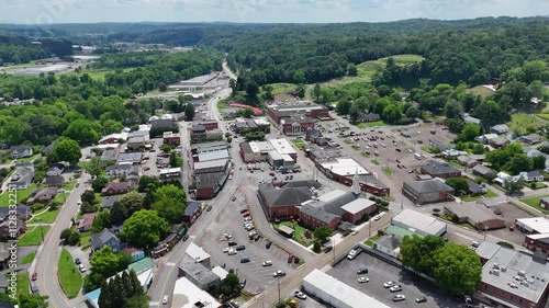 Drone shot pulling out from Downtown Ellijay, Georgia in the summer. photo