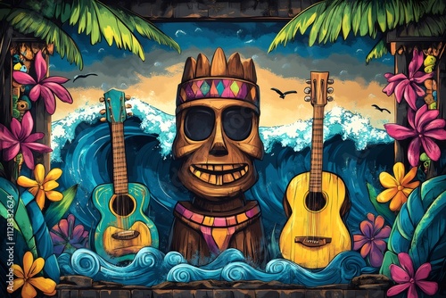 Tiki mask enjoying tropical scenery with guitars and ocean waves photo