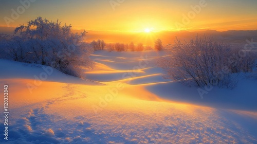 serene winter landscape at sunrise with snow-covered hills