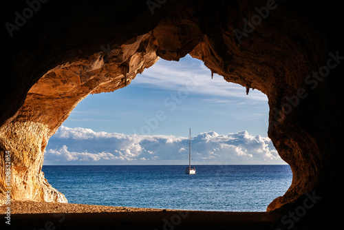 Cala Luna. Sardinia. Amazing Mediterranean sea view from the cave on the coast of Sardinia, Italy.